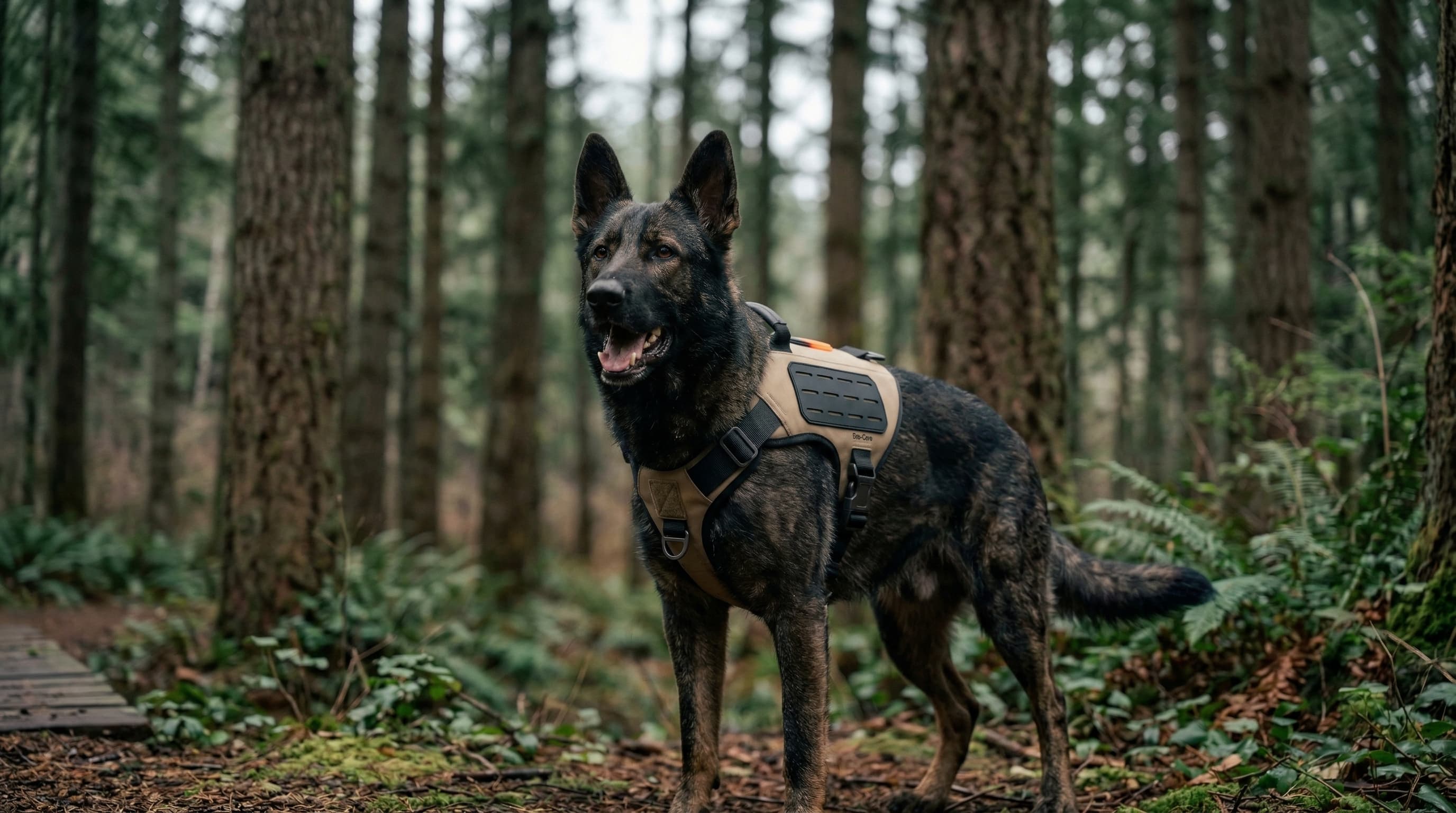 Working dog wearing Exo-Core in the forest