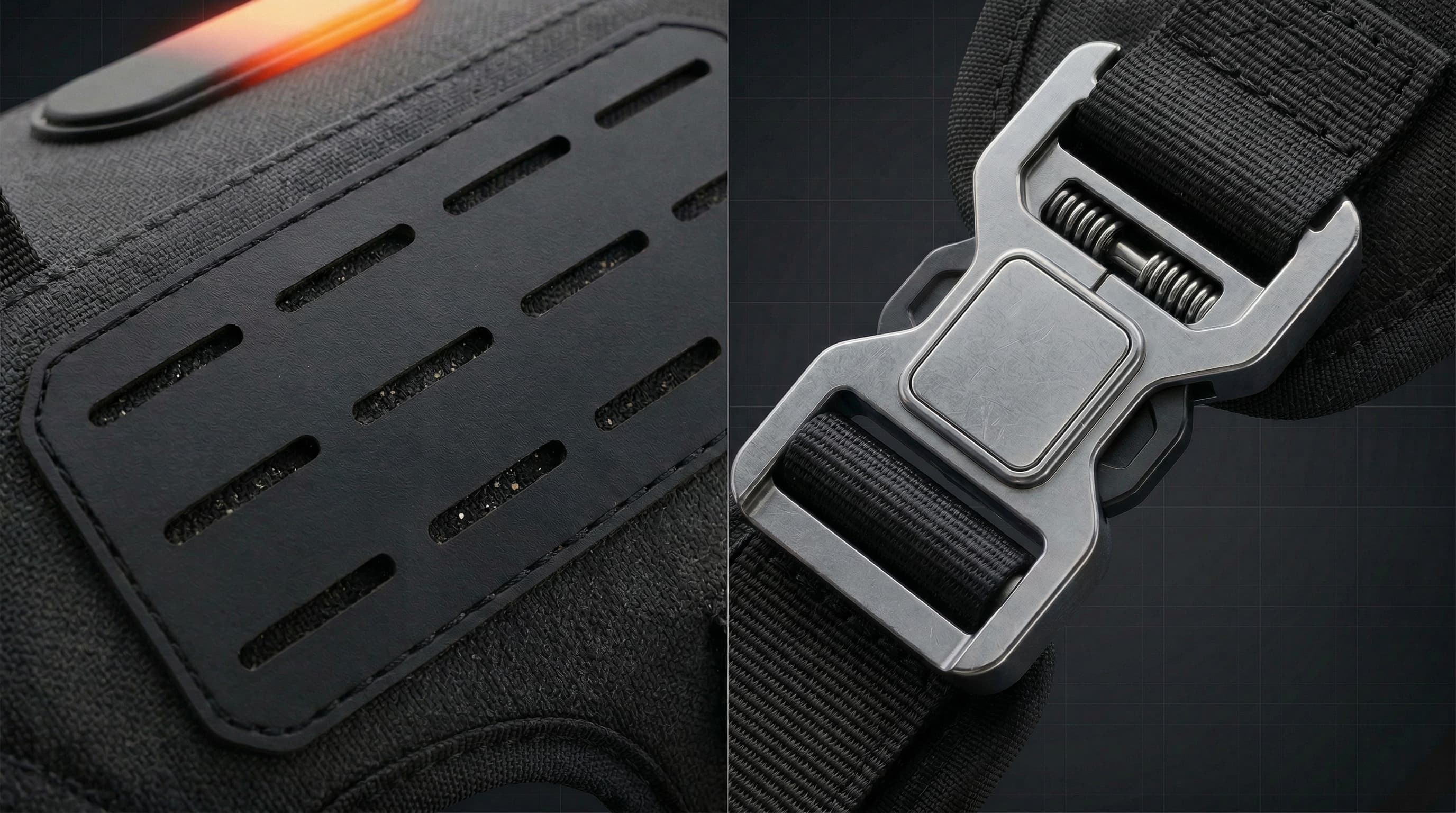 Macro shot of the laser-cut Hypalon surface and Fidlock buckle